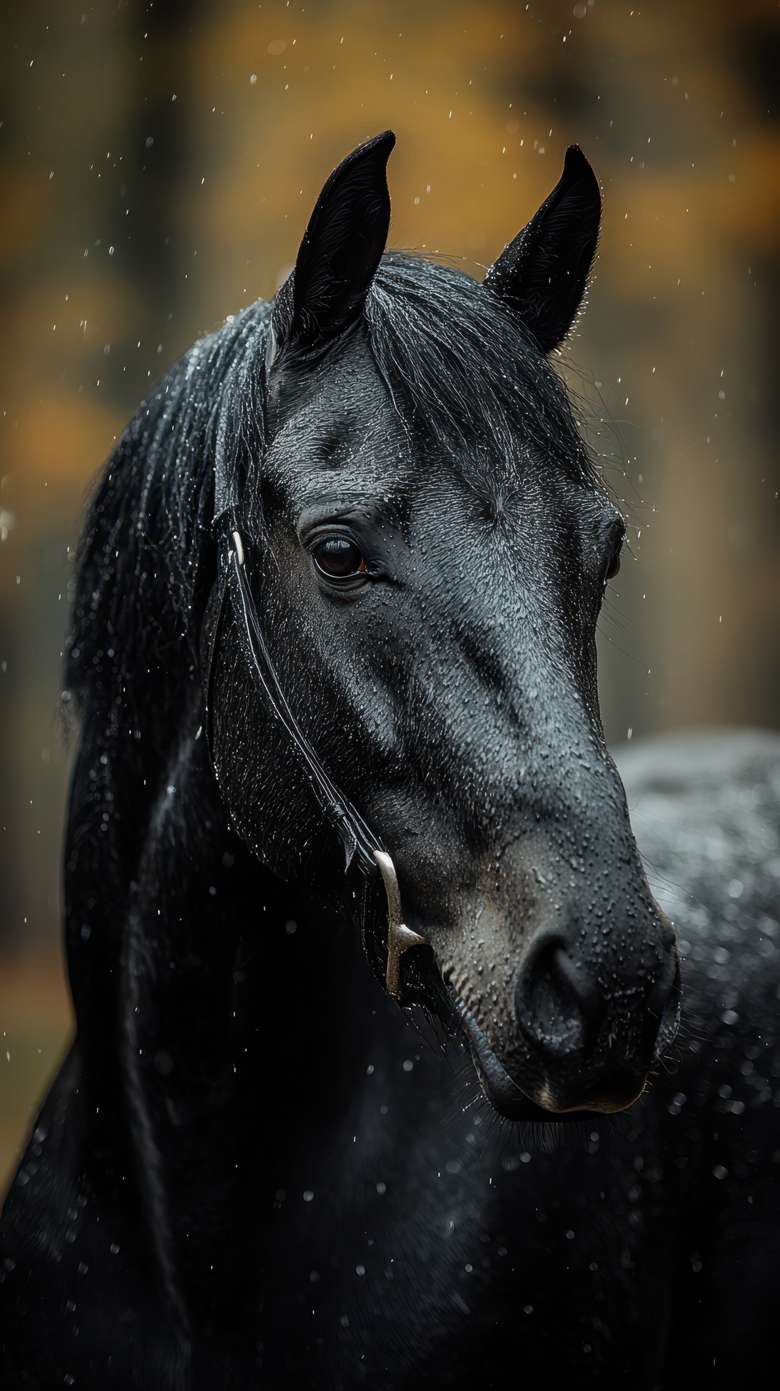 Black horse stands in the rain with droplets on its coat in a forest setting during autumn